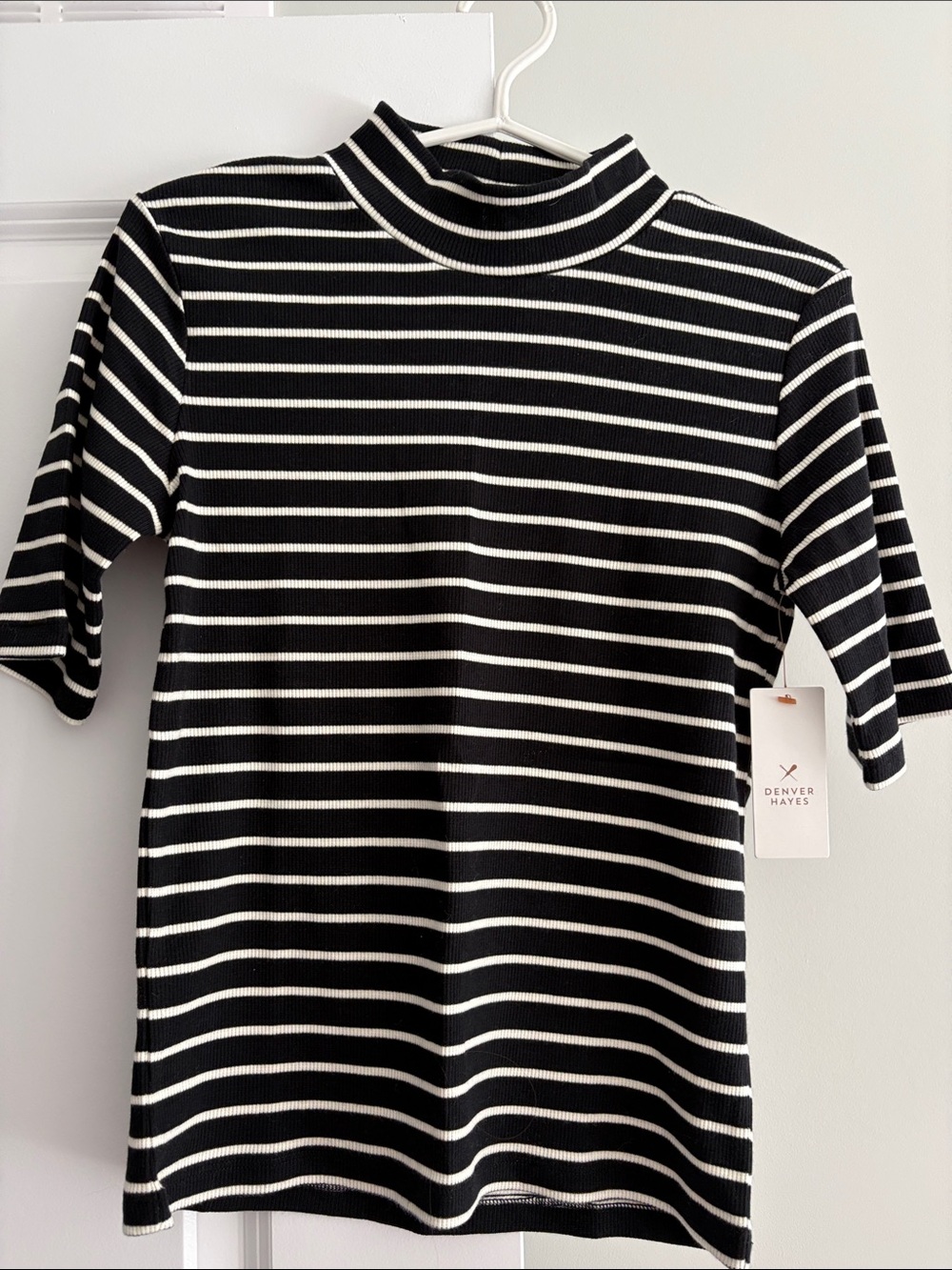Denver Hayes Black & White Striped Mock Neck Short Sleeve Top